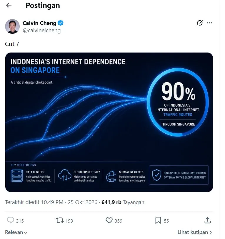 Politikus Singapura Calvin Cheng Ern Lee ngetweet soal infografis yang menunjukkan ketergantungan pembangunan internet Indonesia dengan jalur Singapura. (Foto: X/calvincheng) Calvin Cheng