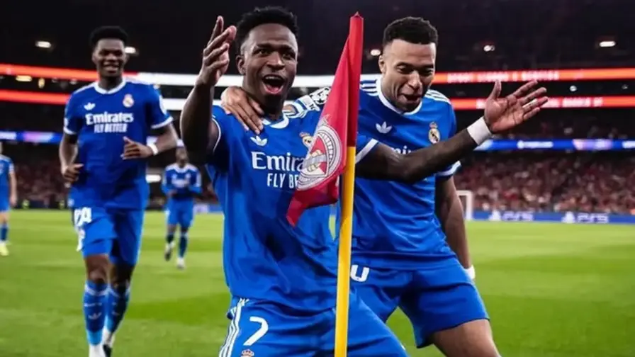 Viniciur Jr melakukan selebrasi usai mencetak gol Benfica di leg pertama playoff Liga Champions, di Estadio da Luz, Lisbon, Portugal, Rabu (18/2/2026) dini hari WIB. (foto : IG Onefootball) Vinicius Jr