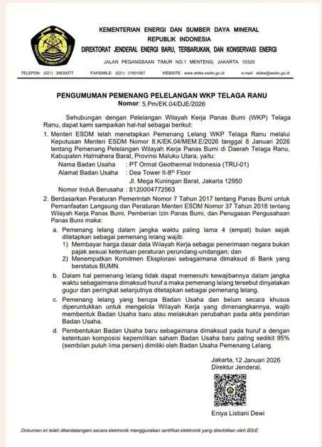 Kementerian Energi dan Sumber Daya Mineral (ESDM) menetapkan PT Ormat Geothermal Indonesia sebagai pemenang lelang Wilayah Kerja Panas Bumi (WKP) Telaga Ranu di Kabupaten Halmahera Barat, Maluku Utara. ESDM - telaga ranu