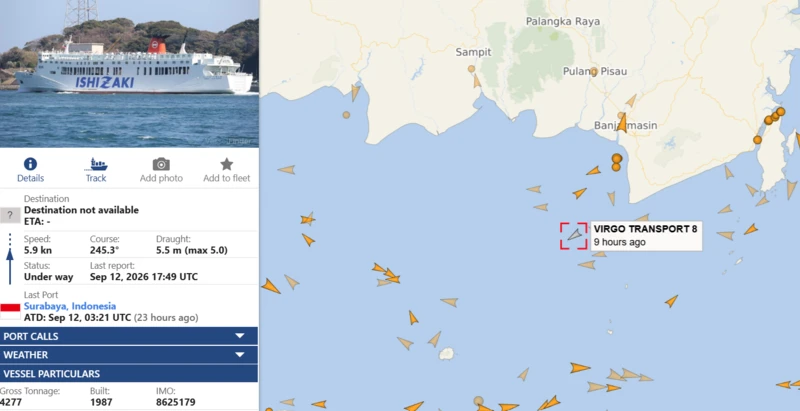 Posisi terakhir kapal Virgo Transport 8, berdasarkan data situs Vessel Finder. KMP Virgo - Masalembo