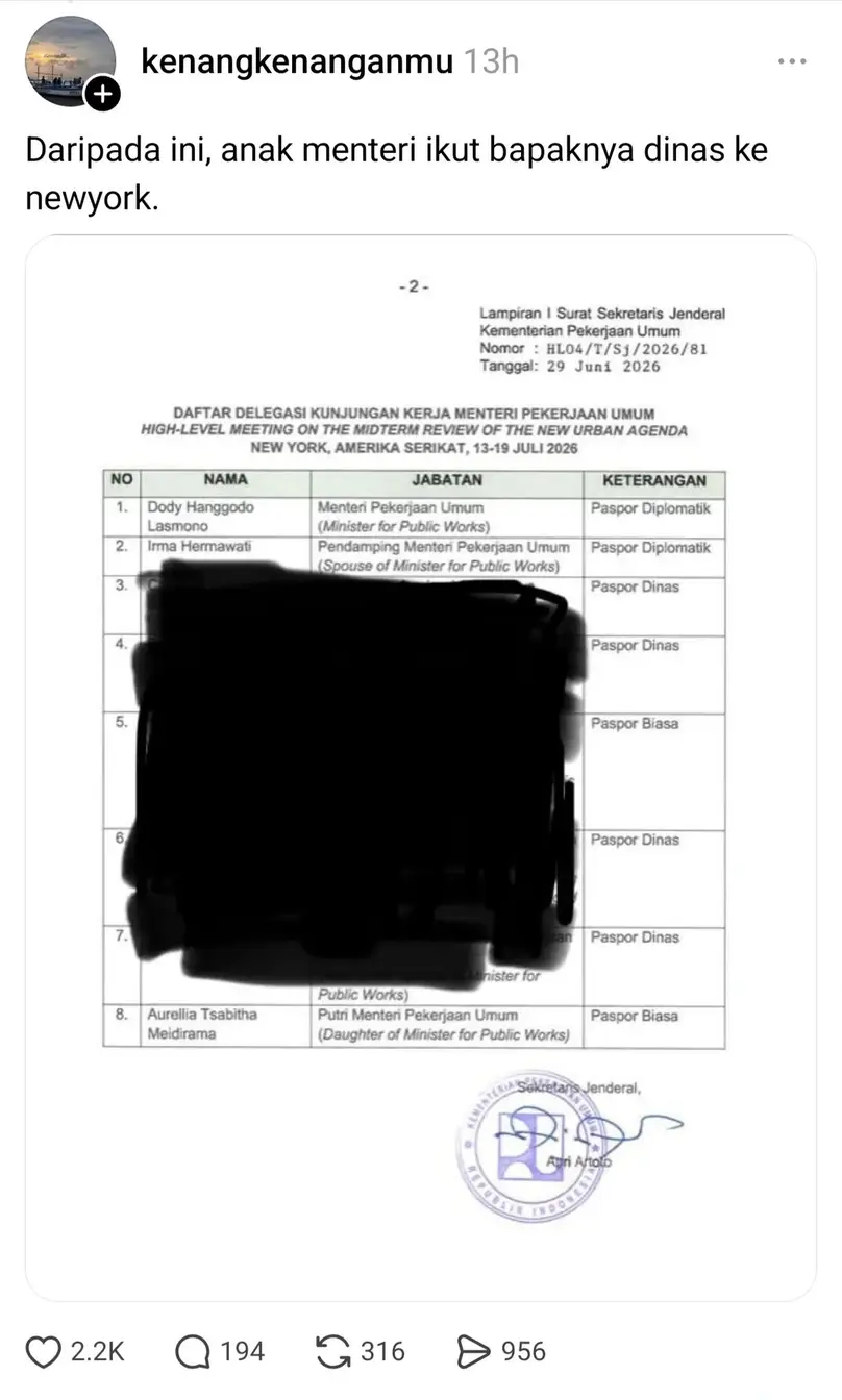 Potongan surat perjalanan dinas Menteri PU Dody Hanggodo Lasmono ke New York yang mengajak serta istri dan anak (Istimewa) surat PU