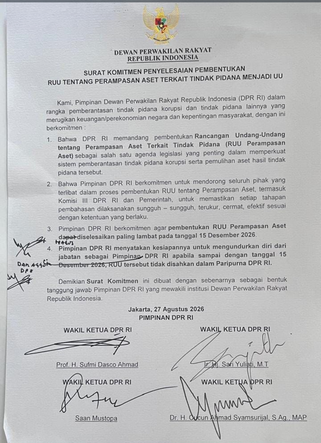 Surat komitmen pimpinan DPR RI terkait penyelesaian RUU Perampasan Aset. RUU penyelesaian Aset