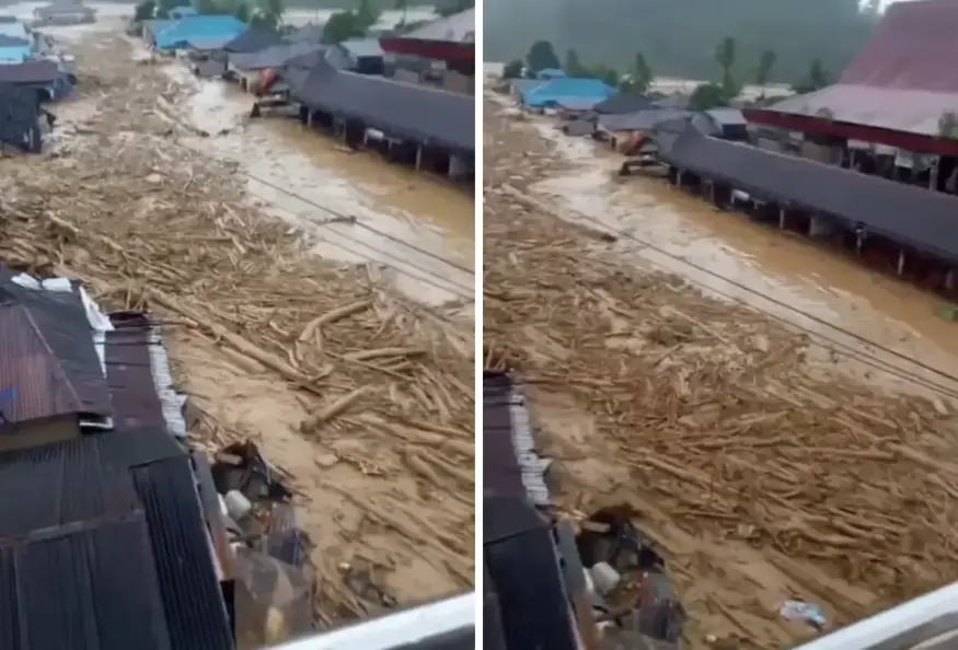 Kayu Gelondongan Hanyut saat Banjir Bandang di Sumut | (Foto: Kolase TikTok/@tuannapaor) kayu