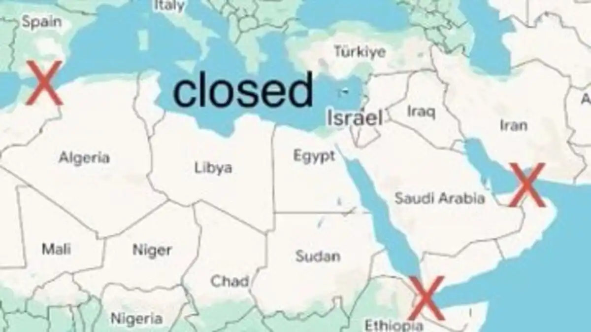 Ilustrasi peta yang menunjukkan tiga pintu internasional dari Laut Mediterania yang dua diantaranya telah ditutup. (Sumber: istimewa) Selat Gibraltar
