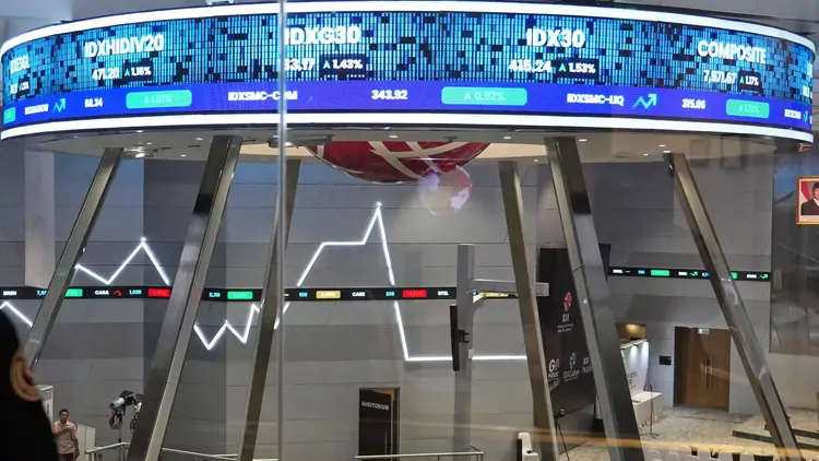 Papan elektronik menampilkan harga saham dan Indeks Harga Saham Gabungan (IHSG) di PT Bursa Efek Indonesia (BEI) di Jakarta, Jumat (1/8/2025). (AP Photo/Tatan Syuflana)