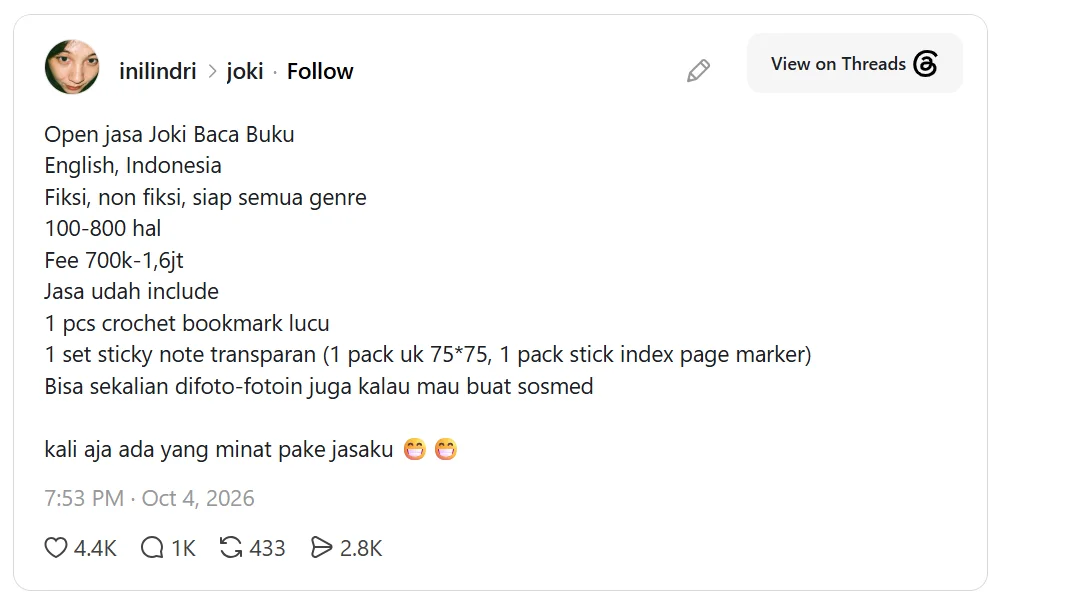Pengguna Threads @inilindri Menawarkan Jasa Joki Baca Buku joki baca buku