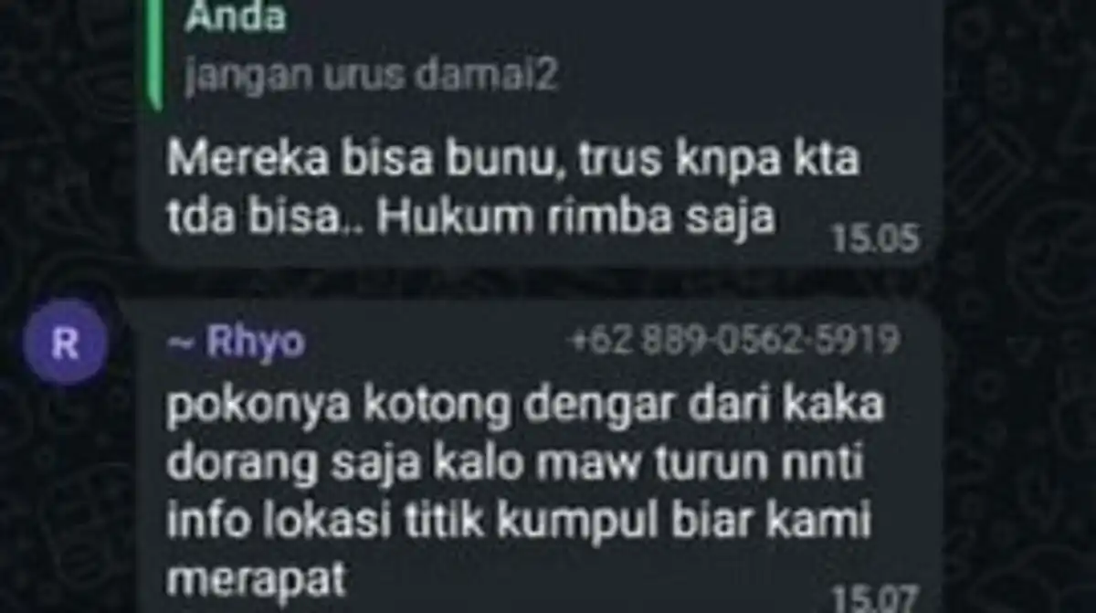 Sumber: tangkapan layar chat yang disebarkan di media sosial. konflik Matraman