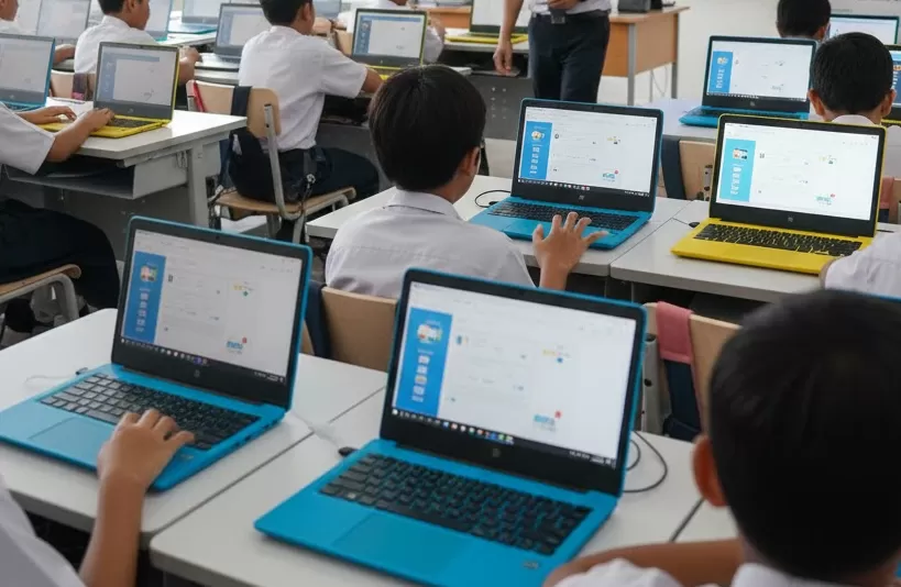 Ilustrasi deretan laptop Chromebook yang digunakan dalam program digitalisasi pendidikan, laptop chromebook